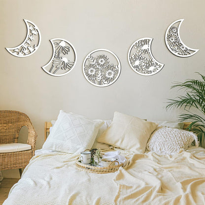 Jetec 5 Pcs Moon Phase Wall Art Decor Wall Pediments Hanging Wooden Phase Spiritual Bedroom Nordic Boho Lunar Aesthetic Art for Living Room Dorm Apartment Ornament(Brown,10.6 Inch,Botanical)