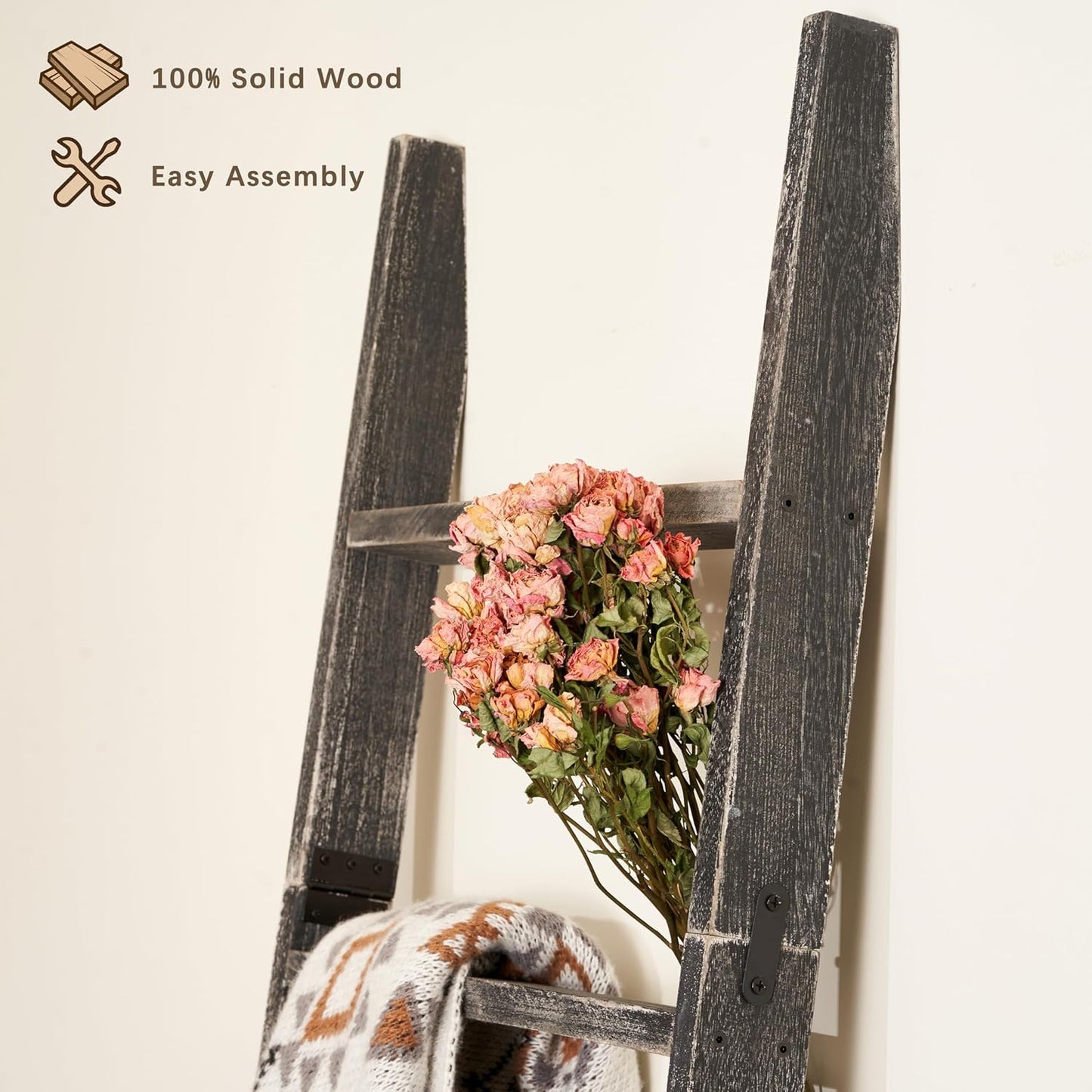 Blanket Ladder for the Living Room 6-Tier, Wooden Decorative Quilt Holder for Bed room, Wall-Leaning Towel Rack for Bathroom，Rustic Farmhouse Ladders for Display. (Dark Brown)