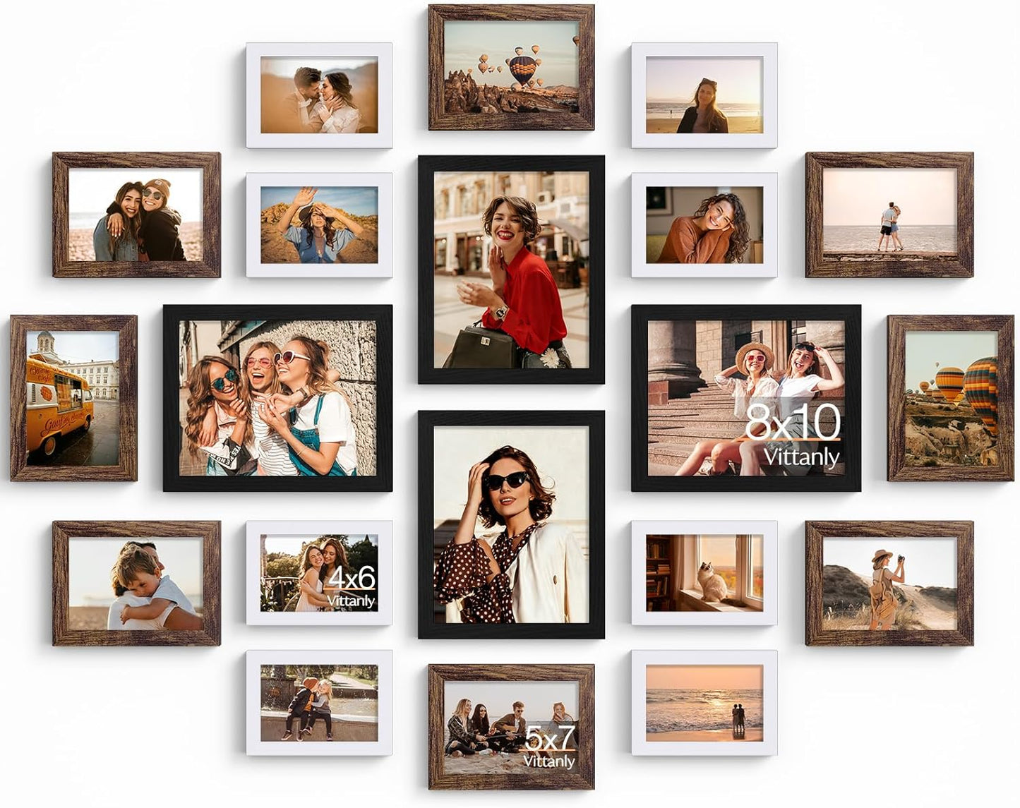 Vittanly 20 Pack Picture Frames Collage Wall Decor, Multi Sizes Including 4pcs 8x10, 8pcs 5x7 and 8pcs 4x6 Photo Frames, Gallery Frame Set for Wall or Tabletop Display, Black, Brown and Dark Grey