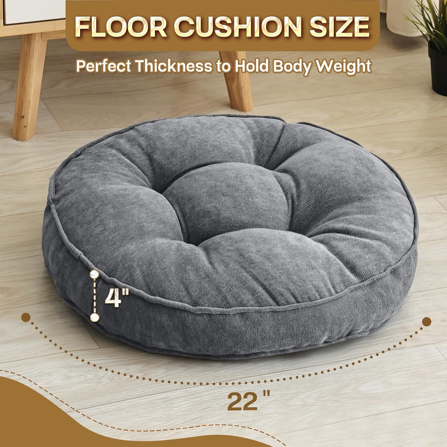 1 MIDDLE ONE Floor Pillow Set of 2, Memory Foam Floor Cushions for Adults, Large Meditation Pillow for Sitting, 22 x 22 Inches (Square | Grey)