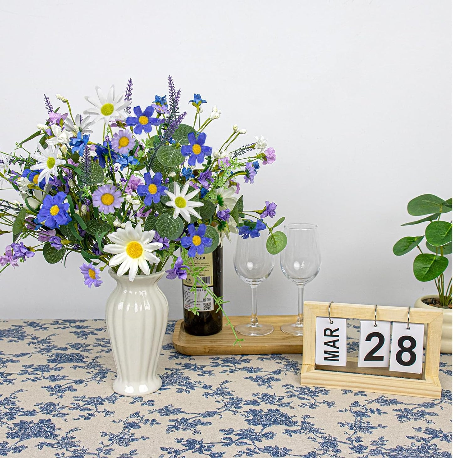 12 PCs Artificial Spring Summer Flowers Rustic Blue and White Artificial Flowers Wildflower Floral Stems with Daffodils Daisy Flower Picks for Vase Table Centerpieces Summer Spring Decor