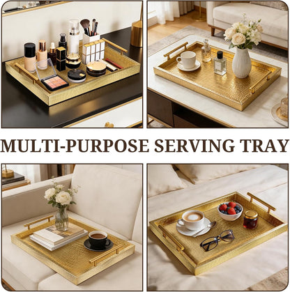 SXNOWS 17"x12" Cream Faux Leather Serving Tray with Gold Handles, Rectangle Decorative Tray for Ottoman, Coffee Table, Kitchen, Bar, Gift for Home Decor