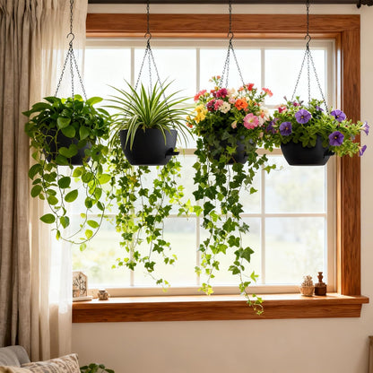 UOUZ Set of 3-10 Inch Self Watering Hanging Planters for Indoor Outdoor，Hanging Plant Pots with Drainage & Removable Tray, Hanging Pots Holder for Ivy, Pothos, Ferns, Balcony & Patio, Black with Brown