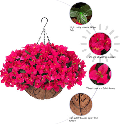 Artificial Hanging Flowers Faux Plants Basket for Outdoors Spring Summer Decor, Fake Silk Bougainvillea in Planter Outdoor Look Real UV Resistant Faux Flower for Outside Porch Patio Garden Home, White