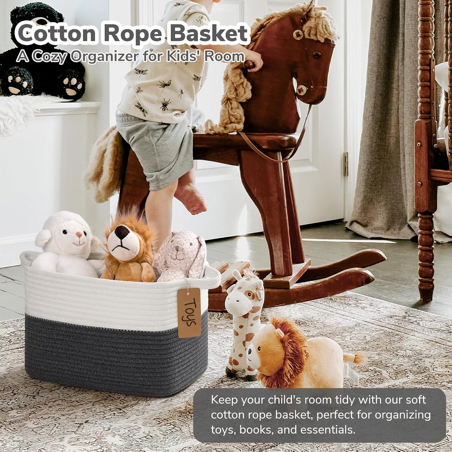 Goodpick Woven Storage Basket, Cotton Rope Basket for Dog Toys, Books, Stylish Gift Basket with Handles, 13 x 10 x 9 Inches Square Baskets for Organizing, Brown and White