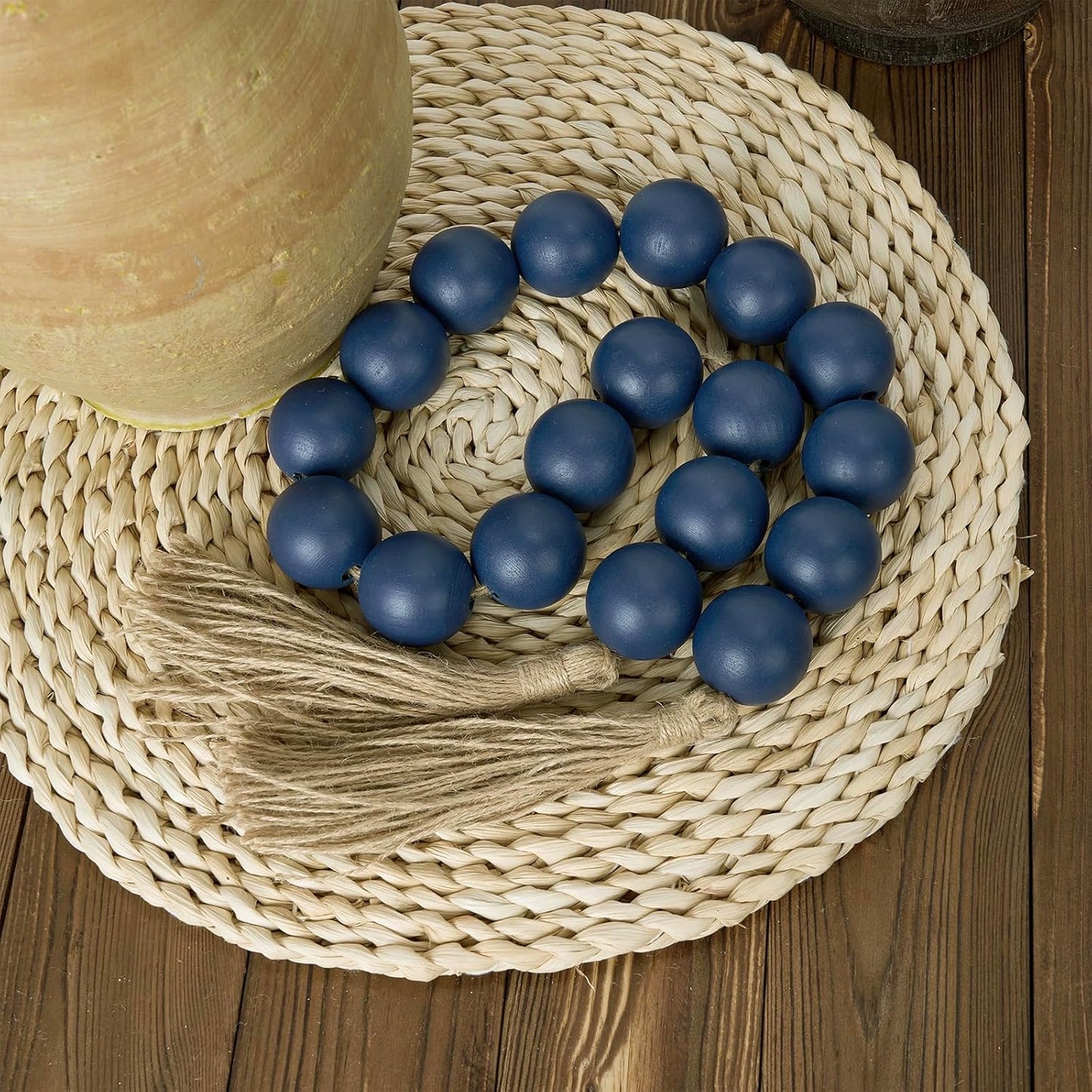 OMISHE Extra Large Wood Bead Garland with 1.6" Diameter Wooden Beads and Tassels, 41" Long Rustic Farmhouse Country Decorative Beads for Home Tiered Tray Decor, Natural Beige