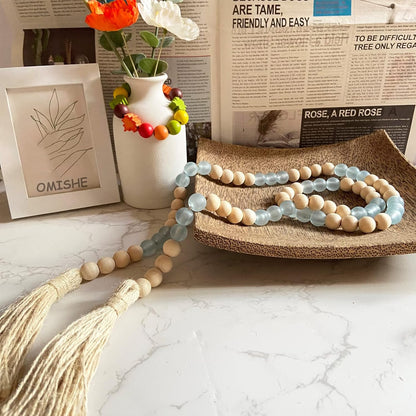 OMISHE Wood Bead Garland with Tassels 61 Inches, Boho Decorative Beads, Farmhouse Beads Garland for Home Tiered Tray Decor, Beige Gray