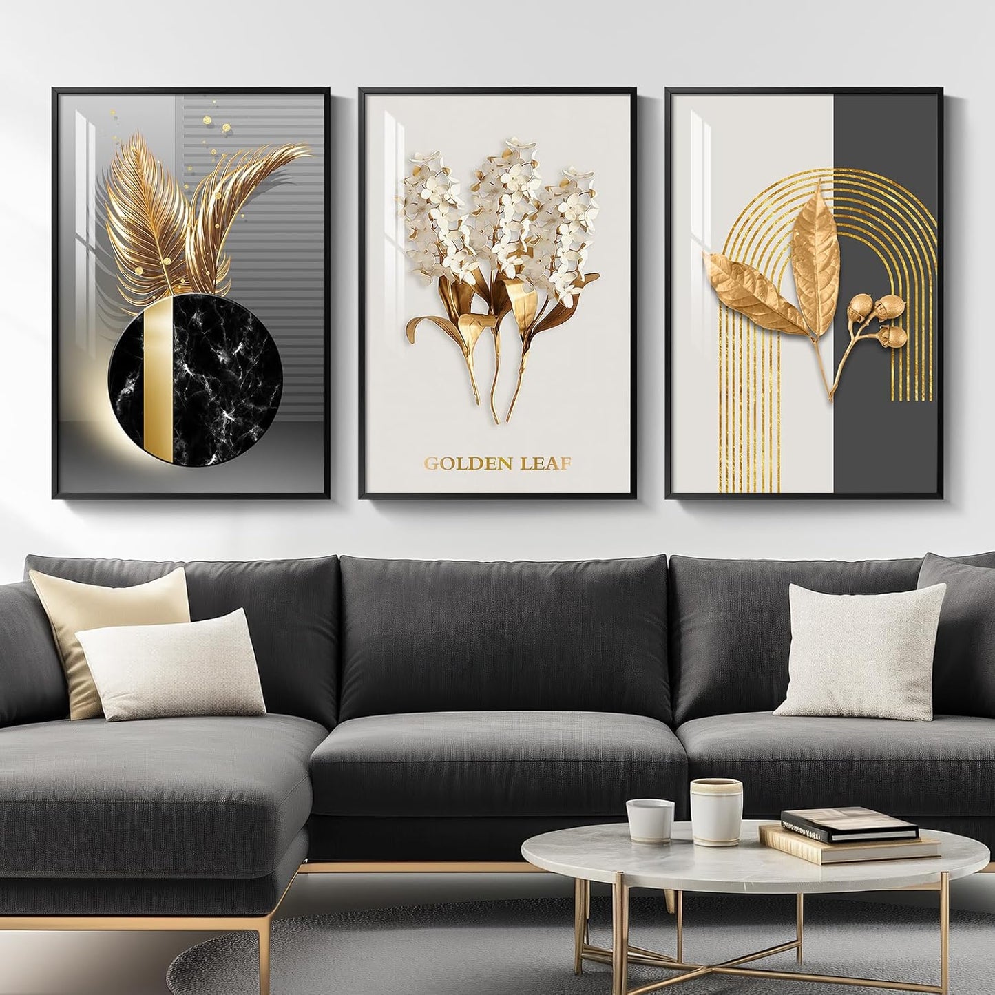 Framed Modern Luxury Gold Wall Art, Set of 3 Piece Contemporary Paintings Artwork for Walls, Golden Prints Pictures with Gold Frame, Wall Decor for Living Room, Hallway, Bedroom, Office 16x24 Inch