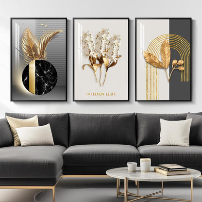 Framed Modern Luxury Gold Wall Art, Set of 3 Piece Contemporary Paintings Artwork for Walls, Golden Prints Pictures with Gold Frame, Wall Decor for Living Room, Hallway, Bedroom, Office 16x24 Inch