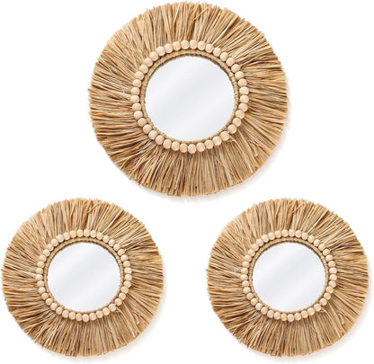 3 Pcs Boho Raffia Mirror Wall Hanging Decor 15.8 Inch 11.8 Inch Rustic Round Boho Circle Mirrors with Wood Bead Farmhouse Aesthetic Nursery Mirrors for Bedroom Living Room Bathroom Wall Decor