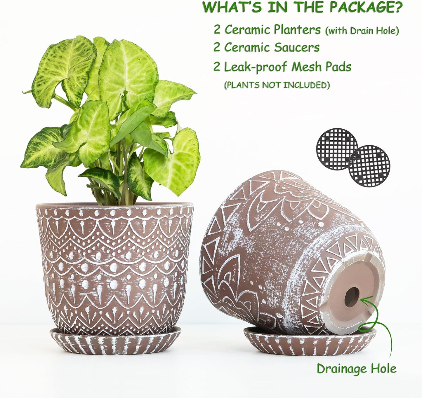 Gepege 6 Inch Beaded Ceramic Planter Set of 2 with Drainage Hole and Saucer for Plants, Indoor-Outdoor Large Round Succulent Orchid Flower Pot (Smoked Gray, Inner-pots not Larger Than 5 Inch)