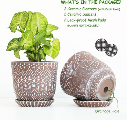 Gepege 6 Inch Beaded Ceramic Planter Set of 2 with Drainage Hole and Saucer for Plants, Indoor-Outdoor Large Round Succulent Orchid Flower Pot (Smoked Gray, Inner-pots not Larger Than 5 Inch)