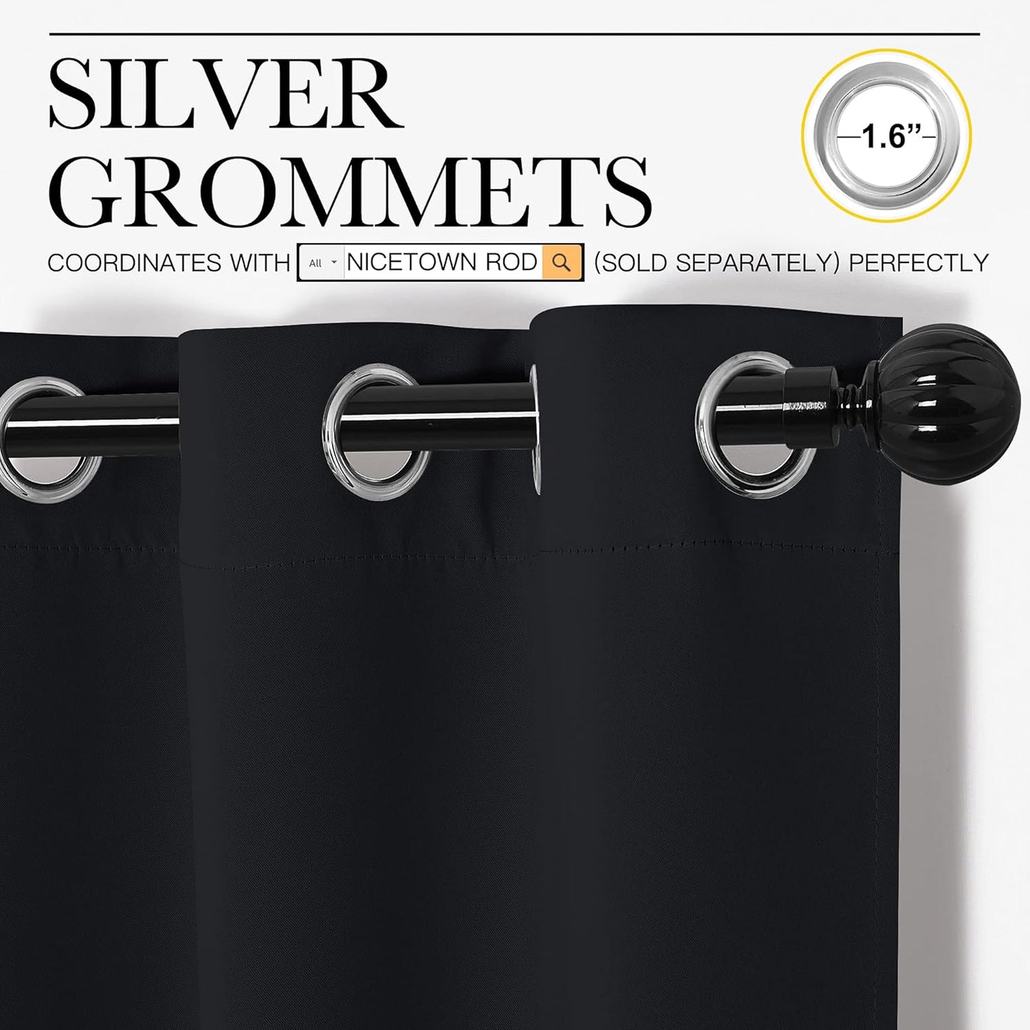 NICETOWN Halloween Pitch Black Solid Thermal Insulated Grommet Blackout Curtains/Drapes for Bedroom Window (2 Panels, 42 inches Wide by 63 inches Long, Black) - Colors E