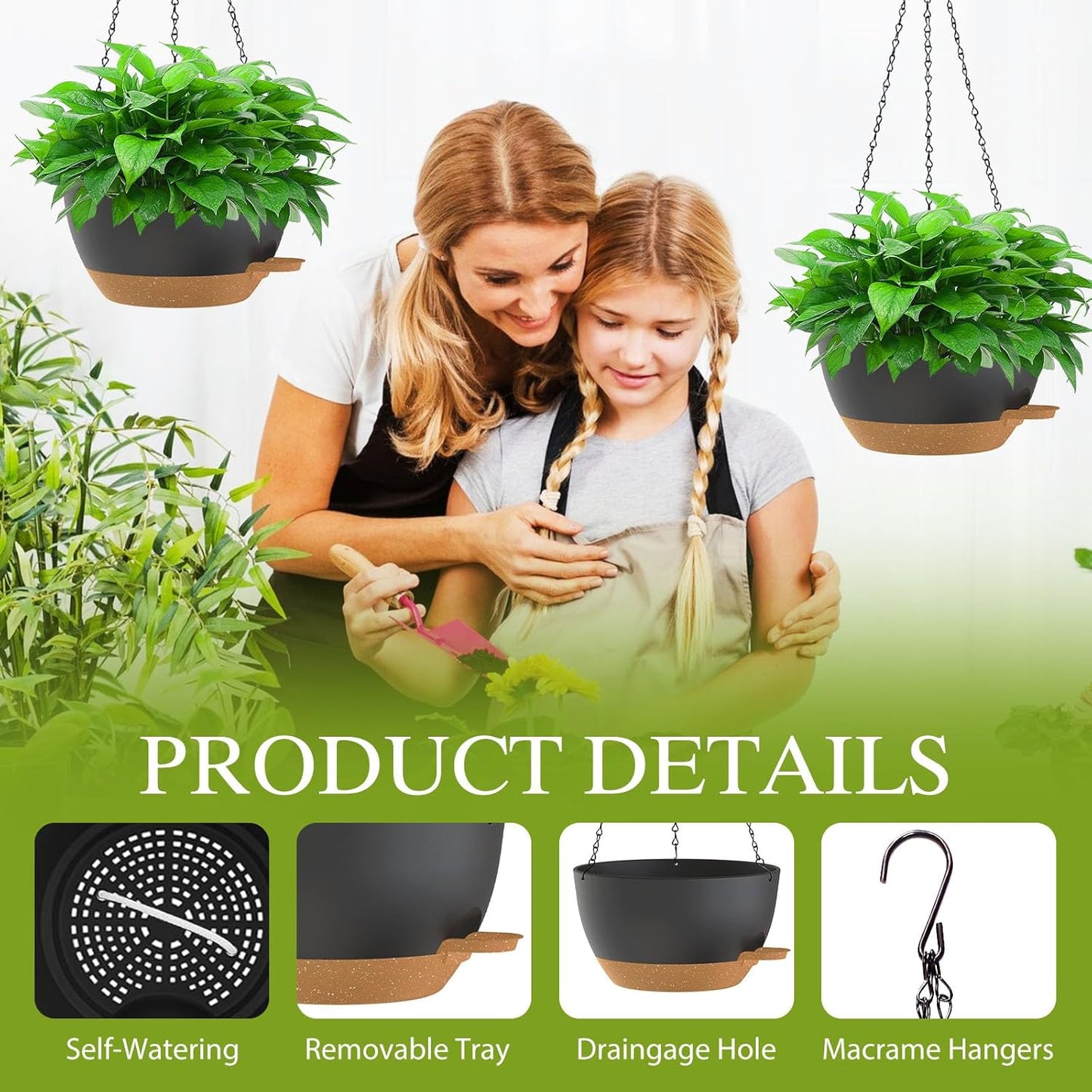 12 Inch Hanging Baskets 2 PC with Chains, Self-Watering Hanging Planters for Indoor Outdoor Plants, Plastic Hanging Flower Pots,Black
