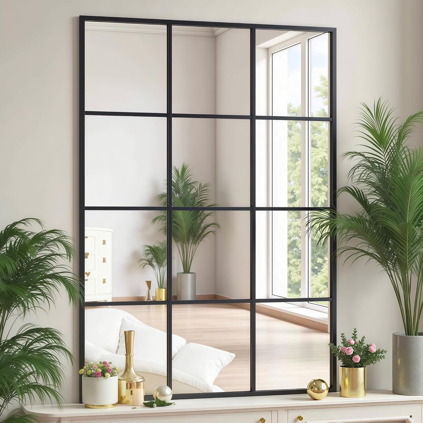 Dewfig 65"x 22" Arched Window pane Full Length Mirror, Wall Mirror, Floor Standing Mirrors, Farmhouse Long Full Body Mirrors Wall Mounted for Living Room, Bedroom, Entryway, Fireplace, Black