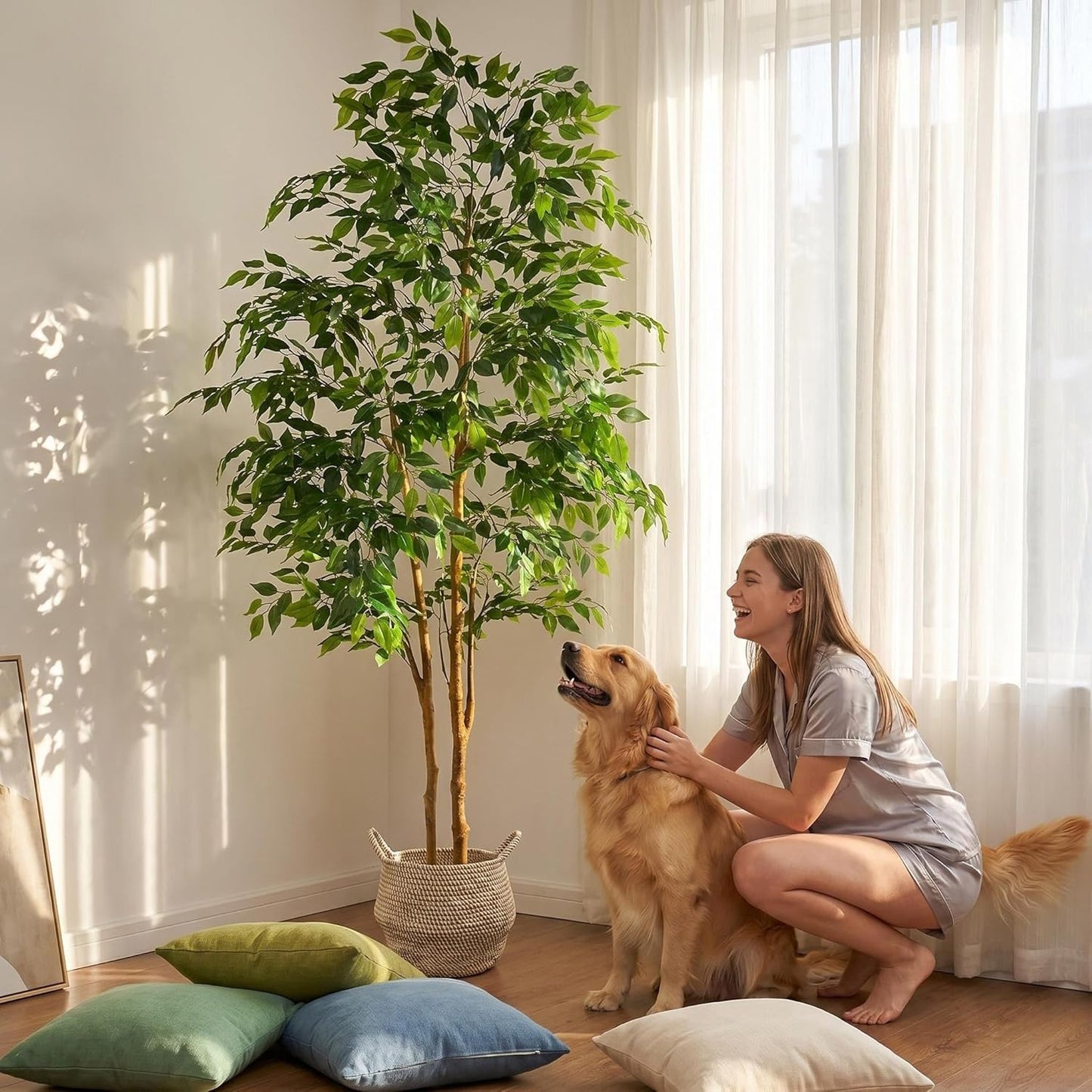 Warmplants Artificial Ficus Tree, 7ft Silk Fake Ficus Leaves Plant with Basket, Indoor Outdoor Faux Green Tree for Home Garden Office House Livingroom Décor