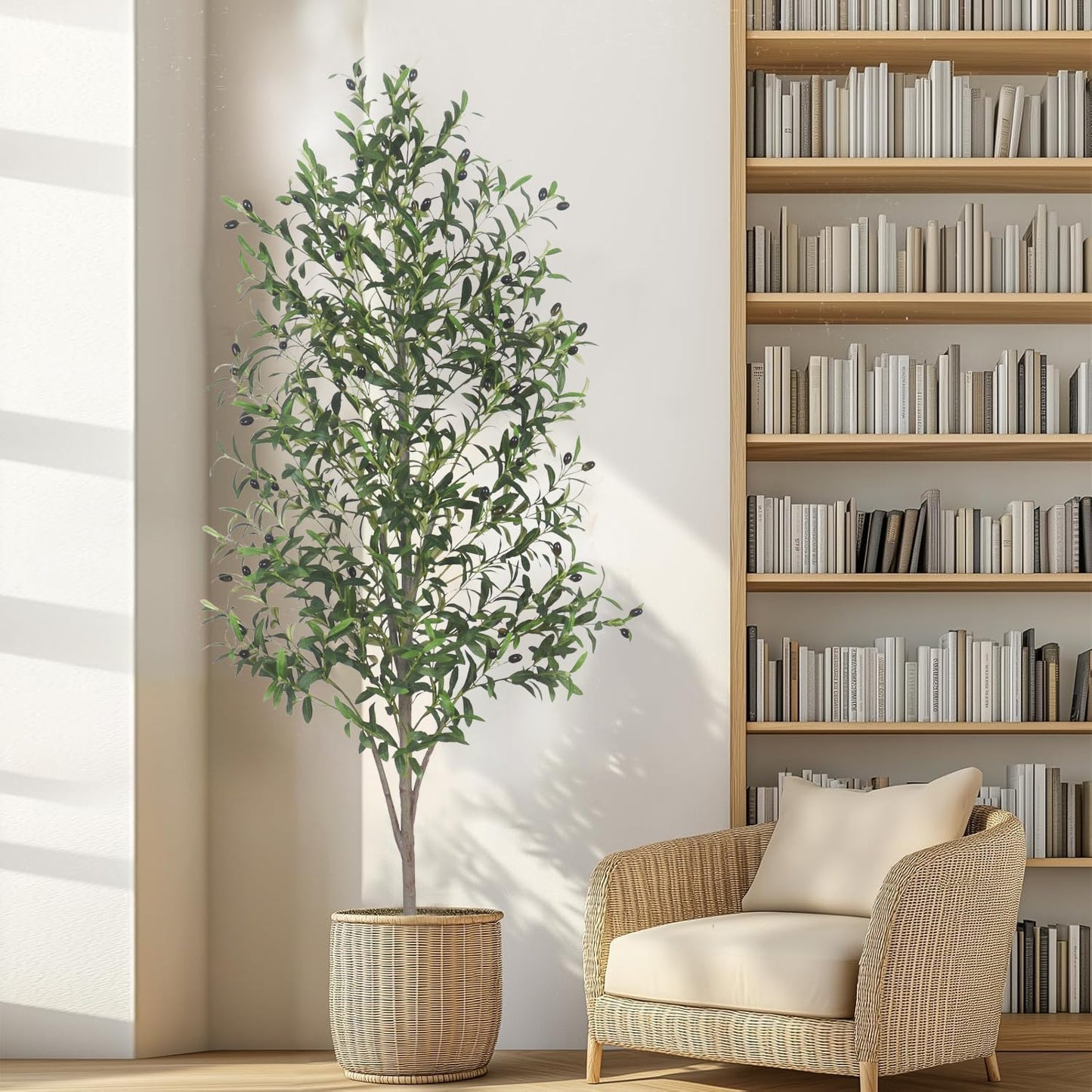 Artificial Olive Tree with White Pot,6FT high, Fake Tree containing 1440 Dense Leaves and 80 Highly Simulated Olive Fruits, Suitable for Home Office Living Room Floor Decoration