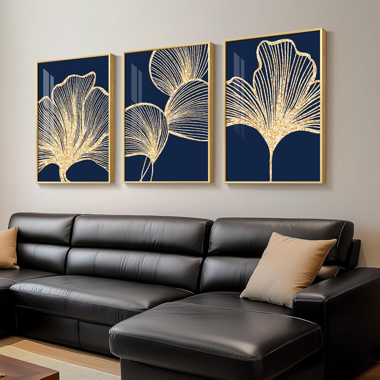 Framed Modern Luxury Gold Wall Art, Set of 3 Piece Contemporary Paintings Artwork for Walls, Golden Prints Pictures with Gold Frame, Wall Decor for Living Room, Hallway, Bedroom, Office 16x24 Inch