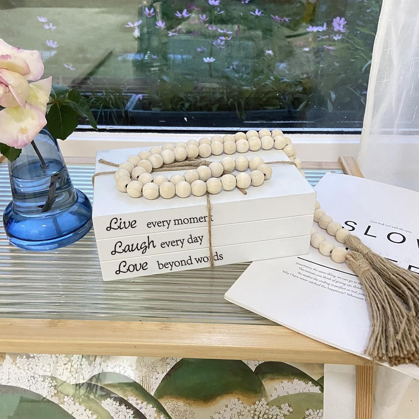 Decorative Books for Home Decor, White Faux Books for Decoration, Rustic Farmhouse Stacked Display Books with 52in Wood Bead Garland for Coffee Tables Living Room (TAKE TIME to DO)