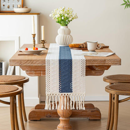FEXIA Boho Table Runner for Thanksgiving Fall Christmas Home Decor with Tassels 72 Inches Long Pottery barn Furniture Farmhouse Rustic Macrame Burlap Table Decoration for Living Room (12x72 Inches)