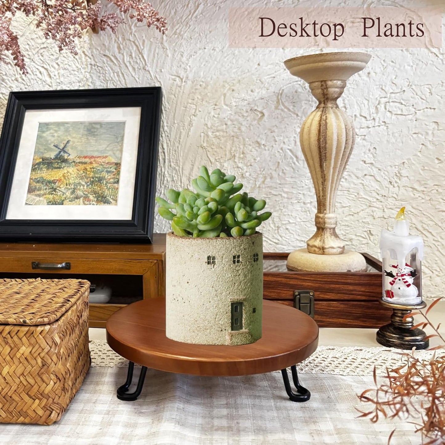 8 Inch Round Wood Riser with Metal Legs - Decorative Pedestal Tray Stand for Countertop Organizer - Farmhouse Boho Style Display Stand for Kitchen, Bathroom, Coffee Bar