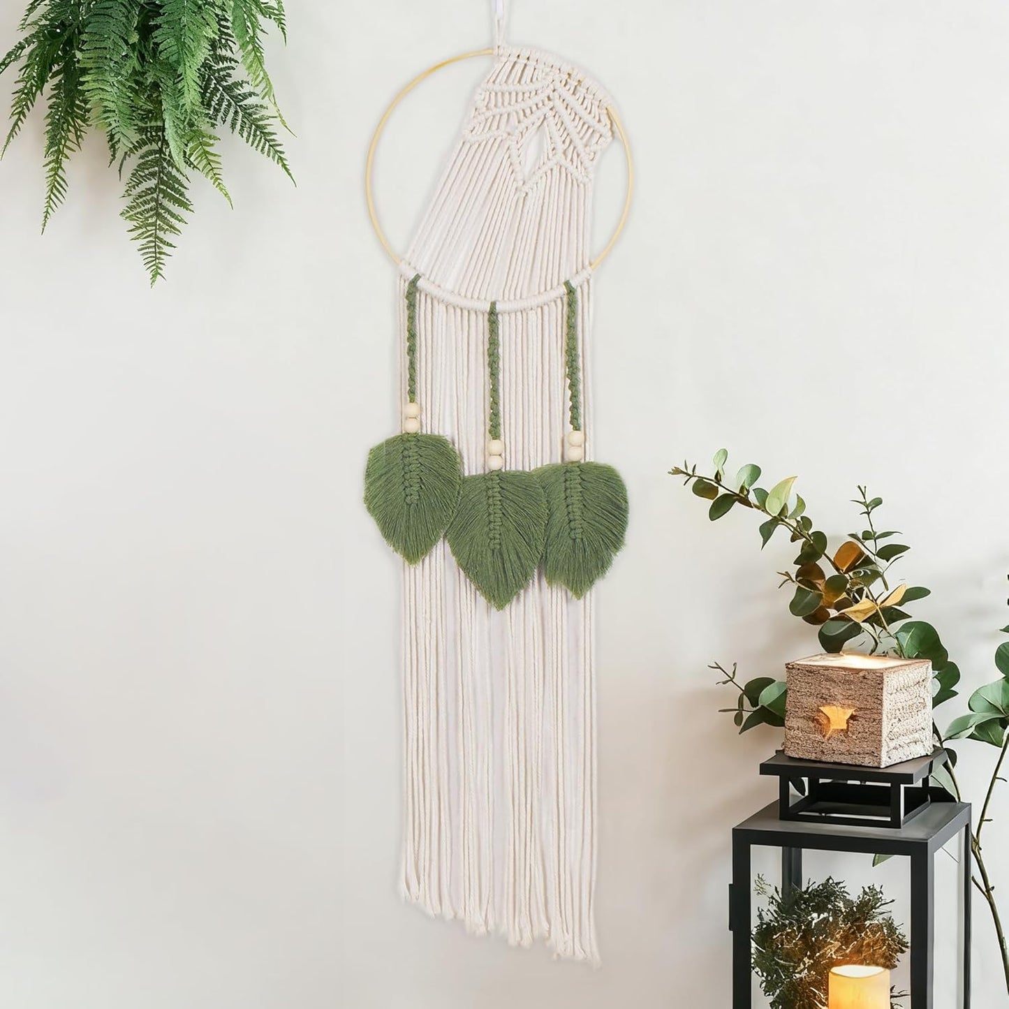 LB Boho Macrame Wall Hanging - Green and Beige Handmade Cotton Woven Decor, Modern Geometric Bohemian Tapestry Wall Decor for Bedroom Living Room Home (31.5"x9.84") Nature-Inspired Room Decor
