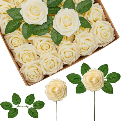 InnoGear Artificial Flowers, 50 Pcs Dark Red Foam Fake Roses Bulk with Stems for Mother's Gift Decoration Celebration DIY Wedding Bouquets Centerpieces Bridal Shower Party Christmas Tree