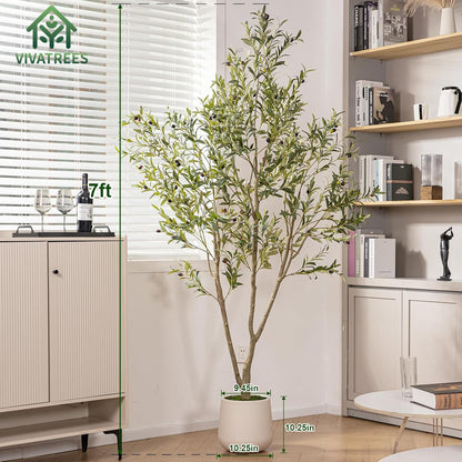 VIVATREES Olive Trees Artificial Indoor, 6FT Tall Faux Olive Tree with White Tall Planter, Artificial Plants with Natural Wood Trunk and Lifelike Fruits for Home Office Decor