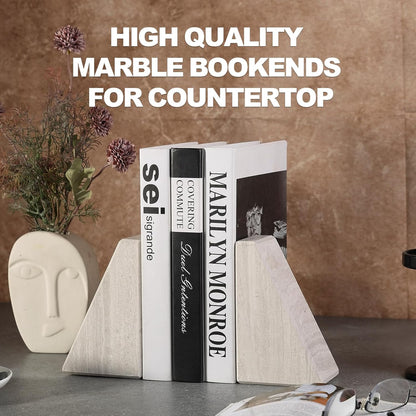 Karibiber Travertine Bookends for Heavy Books, Marble Decorative Bookends for Shelves, Heavy-Duty Stone Book Ends for Hardback Book & Cookbooks, Unique Book Stopper & Holder, Travertino Italy