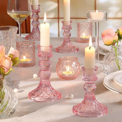 DARJEN 6Pcs Gold Candlestick Holders Set - 4" H & 5" H Striped Taper Candle Holders Bulk, Glass Candle Holders for Wedding, Festival, Party, Table Centerpiece, Gifts