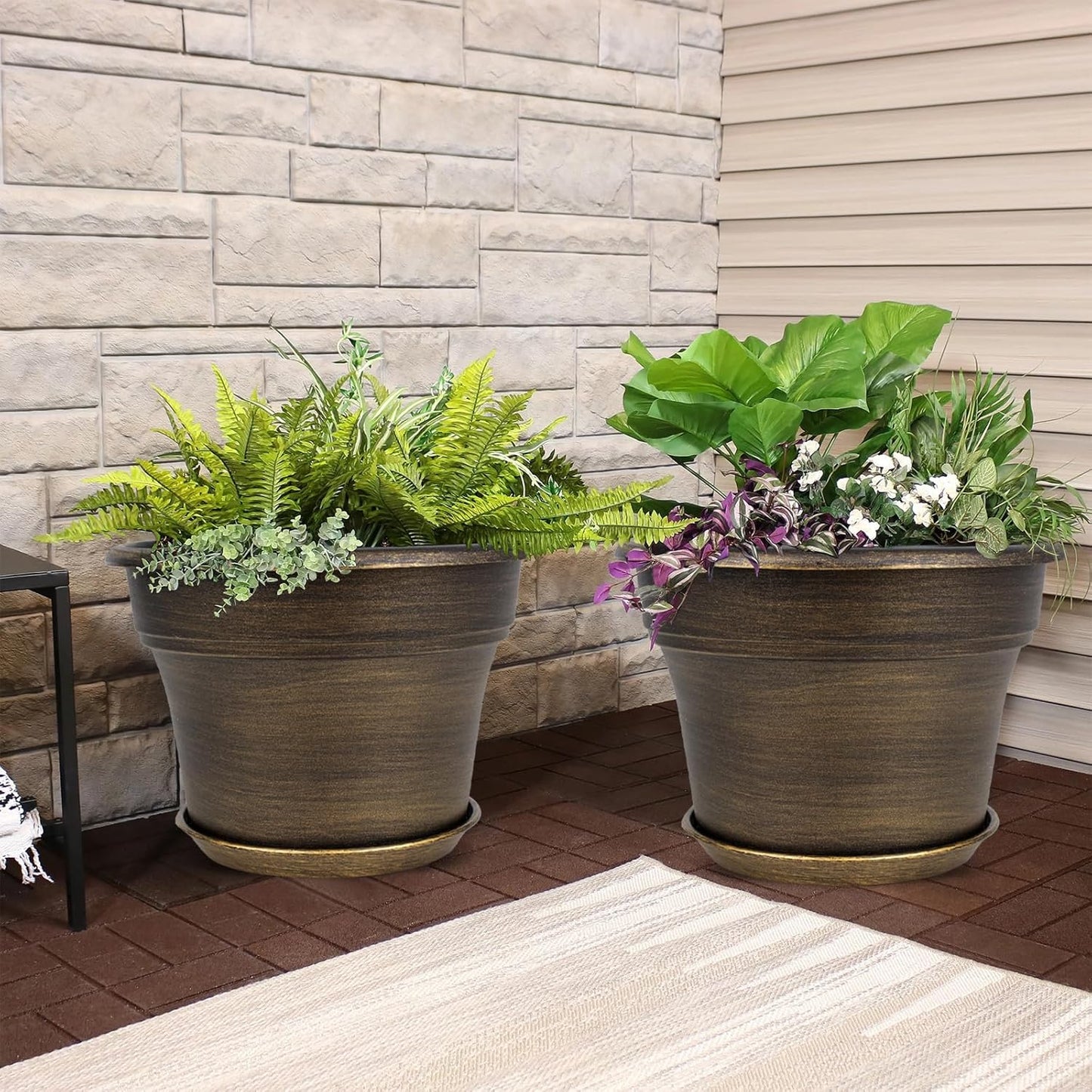 Fodetyff 10 Inch Planters Plant Pots Indoor Outdoor, 4 Pack Plastic Flower Pot for Indoor Plants with Drainage Holes & Trays, Resin Decorative Container Sets with Saucer for House Garden Copper
