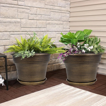 Fodetyff 10 Inch Planters Plant Pots Indoor Outdoor, 4 Pack Plastic Flower Pot for Indoor Plants with Drainage Holes & Trays, Resin Decorative Container Sets with Saucer for House Garden Copper