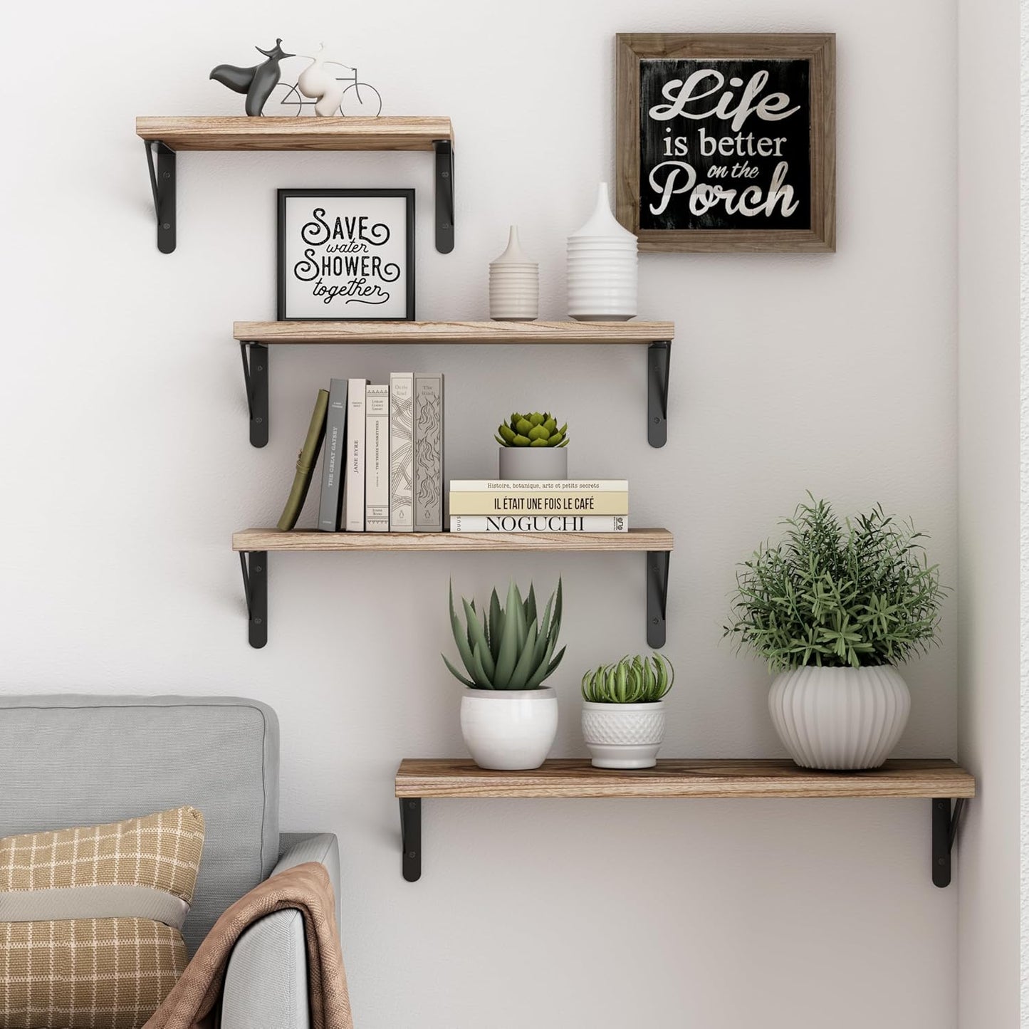 YGEOMER Floating Shelves for Wall, Different Sizes Dark Carbonized Brown Wall Shelves for Living Room, Bathroom, Bedroom, Kitchen, Home Decor (Set of 4)