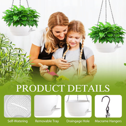 12 Inch Hanging Baskets 2 PC with Chains, Self-Watering Hanging Planters for Indoor Outdoor Plants, Plastic Hanging Flower Pots,Black