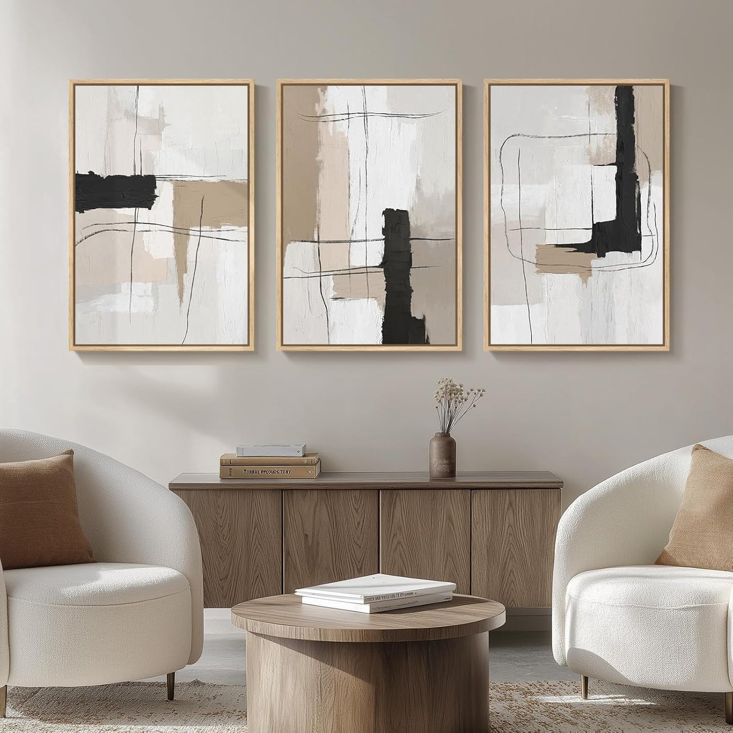 Large Framed Neutral Abstract Wall Art for Living Room, 3 Piece Modern Canvas Prints Paintings Artwork for Walls, Black and Beige Pictures for Living Room Hallway Stair Office Wall Decor 24x36 Inch