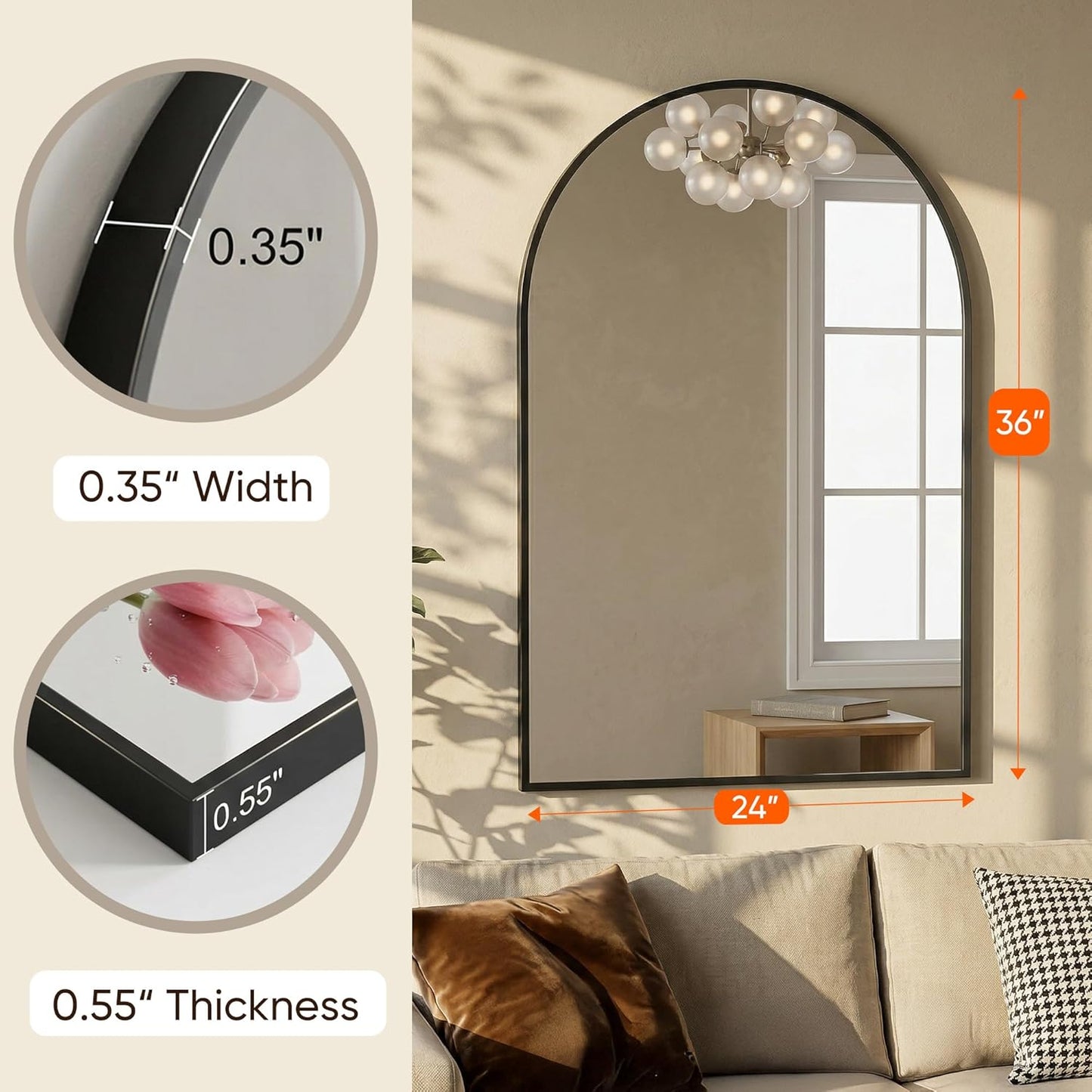 Antok Arched Bathroom Mirror, 20"x30" Wall Mounted Mirror, Vanity Mirrors for Over Sink, Aluminum Alloy Frame Bathroom Mirrors Living Room, Bedroom and Entryway, Black