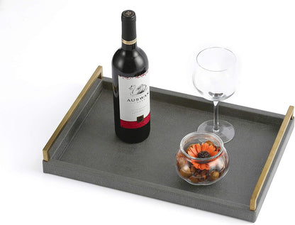 Ivory Shagreen Leather Serving Tray with Gold Handles-17.7x11.8 Inch Large Wooden Decorative Ottoman Tray fro Coffee Table, Kitchen, Dining, and Home Decor (Ivory)