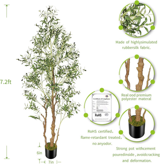 OXLLXO 7.2ft Artificial Olive Tree (85in) with Plastic Nursery Pot Faux Olive Silk Tree, Fruits Fake Plant for Office House Farmhouse Living Room Home Decor (Indoor/Outdoor)