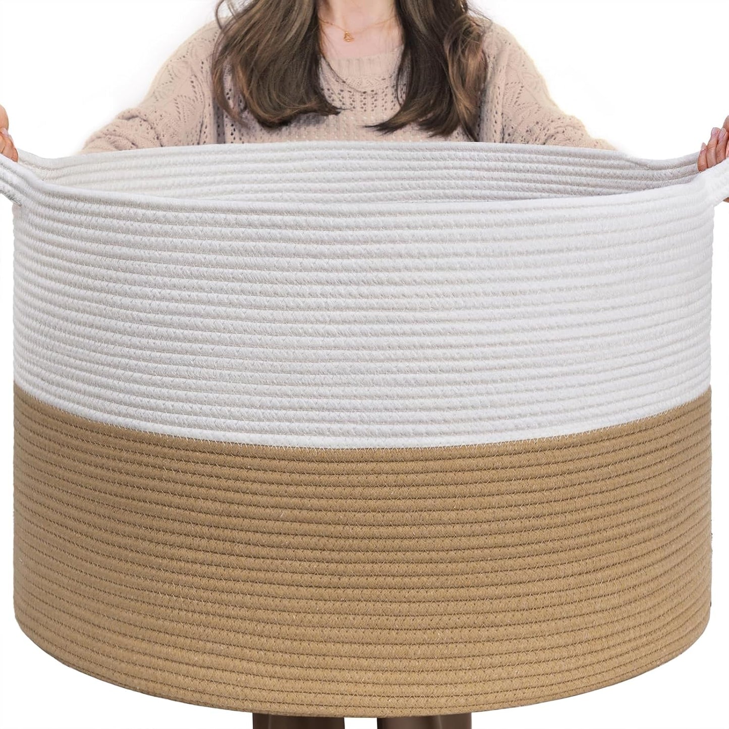 INDRESSME XXXLarge Blanket Basket for Living Room 21.7" x 21.7" x 13.8"-Storage Basket with Handle for Organizing Toy Pillows Woven Cotton Rope Laundry Basket Stuffed Animal Toy Storage for Play Room