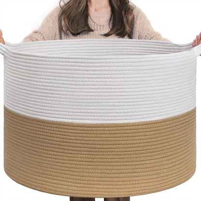 INDRESSME XXXLarge Blanket Basket for Living Room 21.7" x 21.7" x 13.8"-Storage Basket with Handle for Organizing Toy Pillows Woven Cotton Rope Laundry Basket Stuffed Animal Toy Storage for Play Room