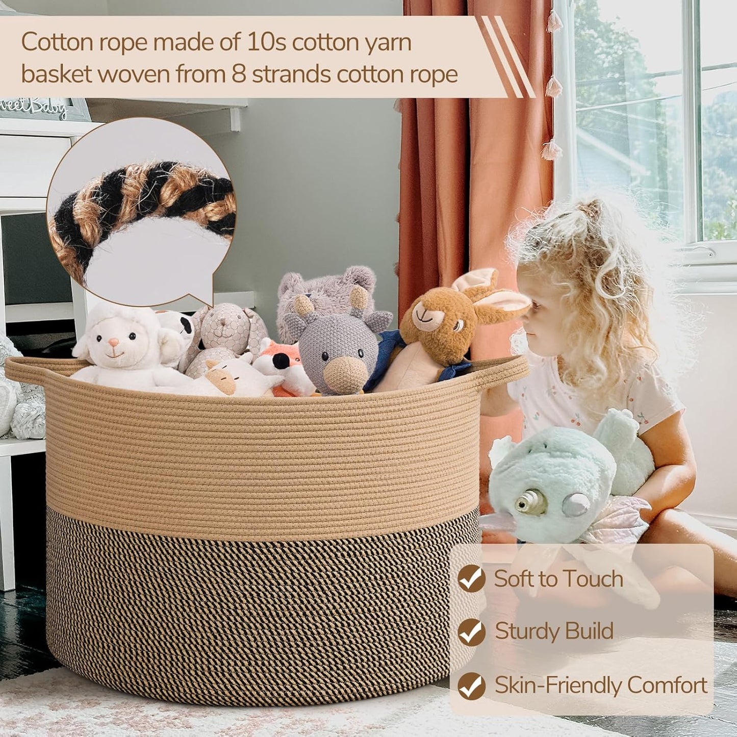 INDRESSME XXXLarge Blanket Basket for Living Room 21.7" x 21.7" x 13.8"-Storage Basket with Handle for Organizing Toy Pillows Woven Cotton Rope Laundry Basket Stuffed Animal Toy Storage for Play Room