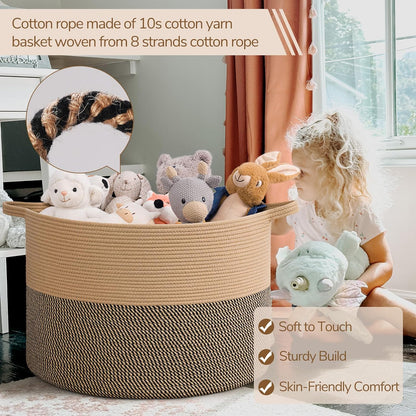 INDRESSME XXXLarge Blanket Basket for Living Room 21.7" x 21.7" x 13.8"-Storage Basket with Handle for Organizing Toy Pillows Woven Cotton Rope Laundry Basket Stuffed Animal Toy Storage for Play Room