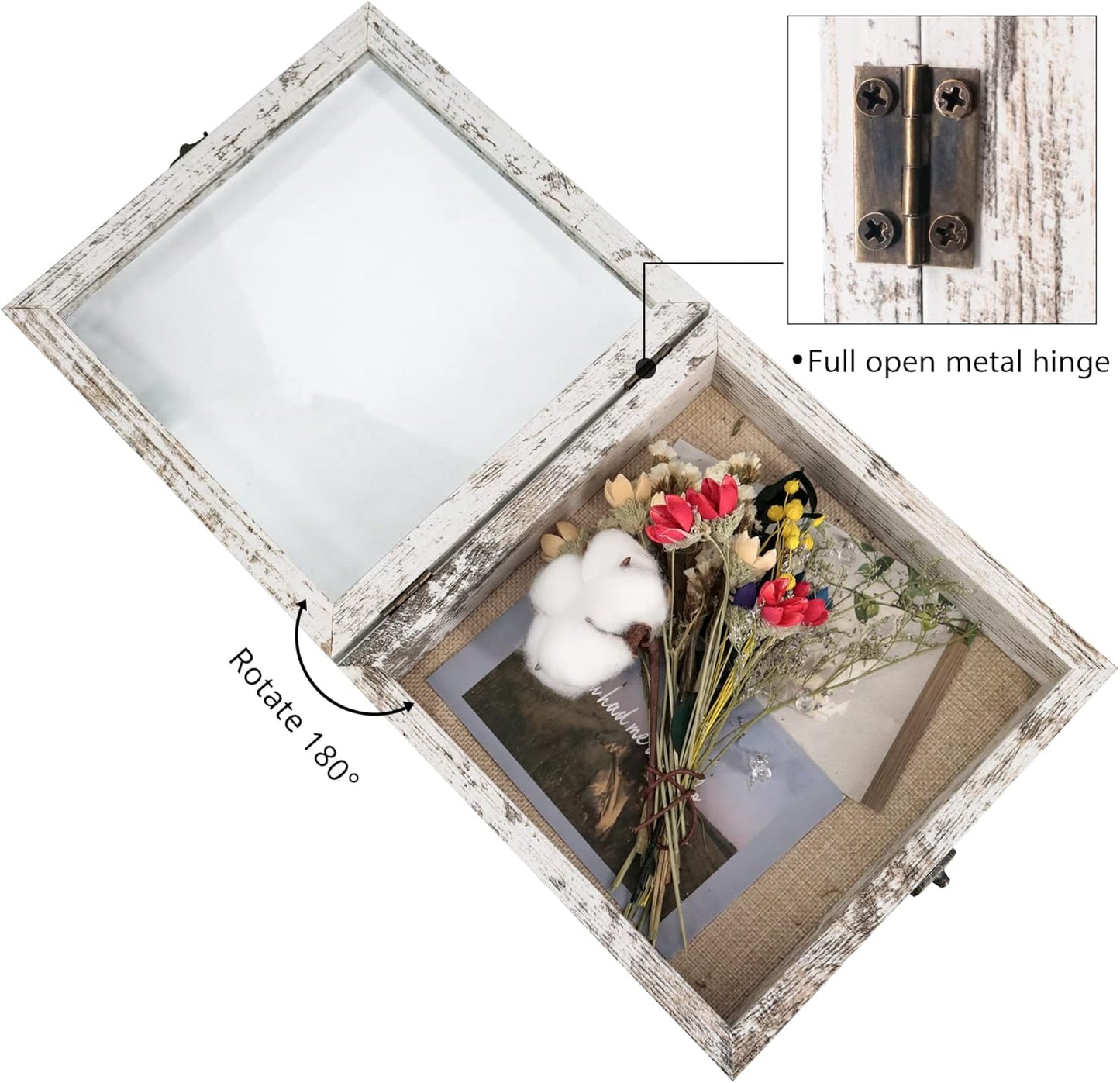 GraduationMall 13x16 Wood Shadow Box Frame Glass Door Display Case with Linen Back and 6 Stick Pins,1.5 inches Interior Depth,Ideal for Memorabilia Pictures Flowers Medals Tickets Rustic White