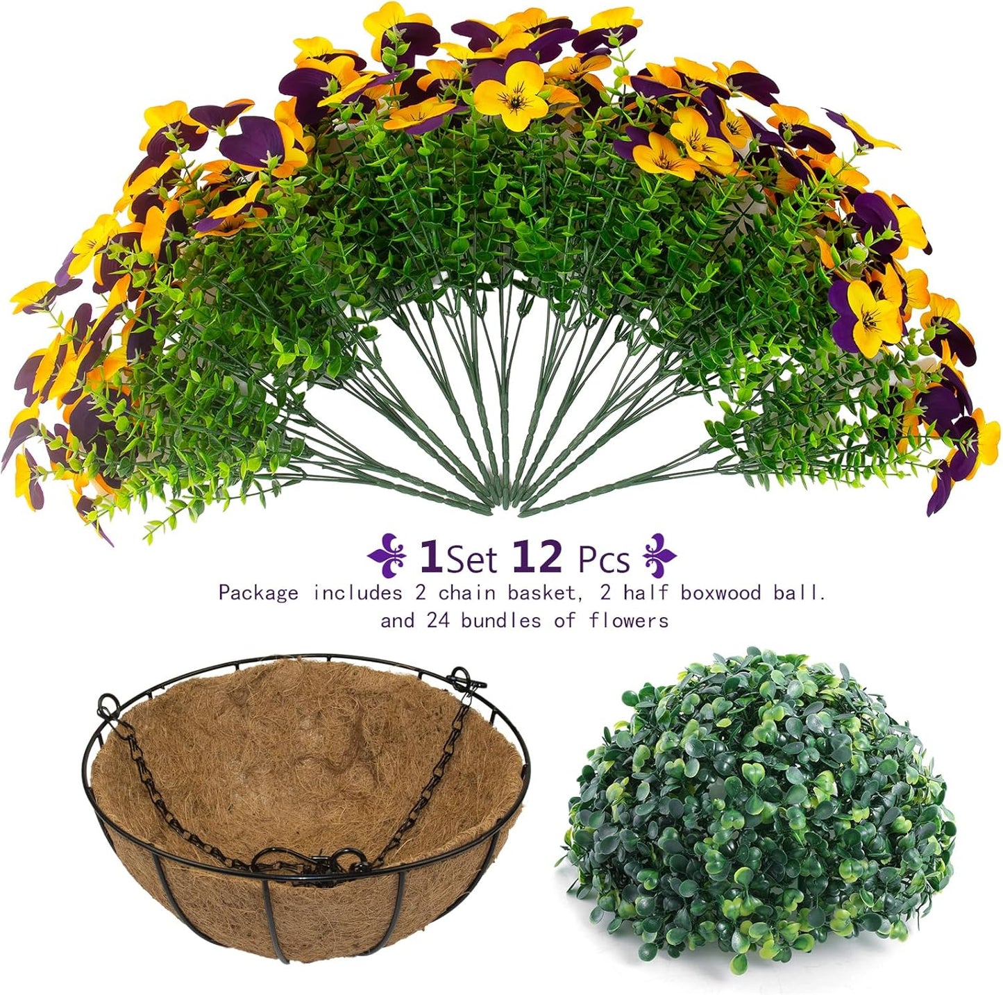 2 Set Artificial Outdoor Pansy Flowers with Hanging Baskets, 2 Hanging Baskets with 24 Pcs Silk Flowers for Spring Easter Decorations Porch Patio Home Decor (2, Purple, Yellow, White, Light Purple)