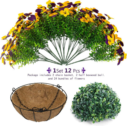 2 Set Artificial Outdoor Pansy Flowers with Hanging Baskets, 2 Hanging Baskets with 24 Pcs Silk Flowers for Spring Easter Decorations Porch Patio Home Decor (2, Purple, Yellow, White, Light Purple)