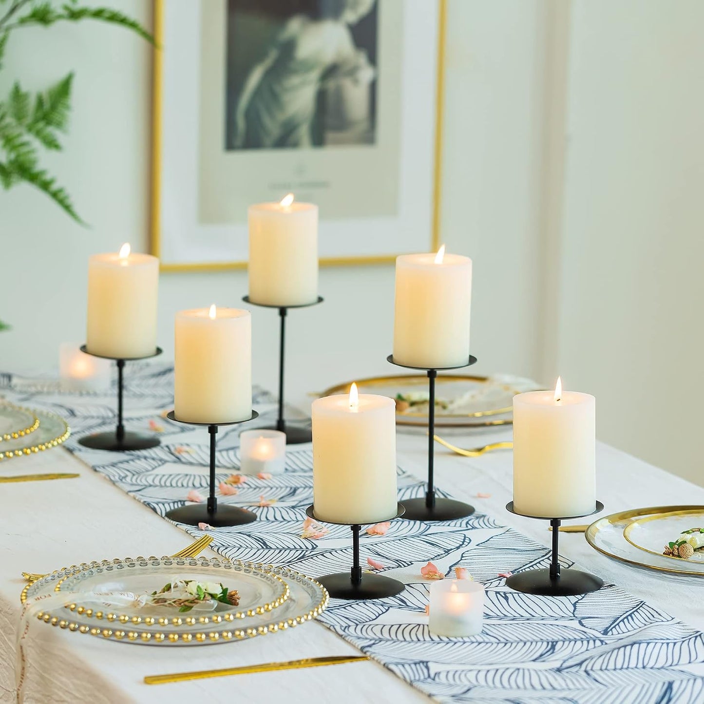 Pillar Candle Holders Candelabra Gold - Set of 12 Bulk Candle Stand Iron Plate Minimalism Modern Home Mantel Dinning Table Decorations Centerpiece for Wedding, Party, Housewarming, Events