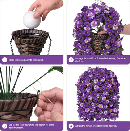 HyeFlora Artificial Flowers for Outdoors, 2pcs Faux Silk Pansies Flowers UV Resistant Fake Hanging Flower Plants for Outside Planters Porch Yard Patio Window Box (Mix Purple)