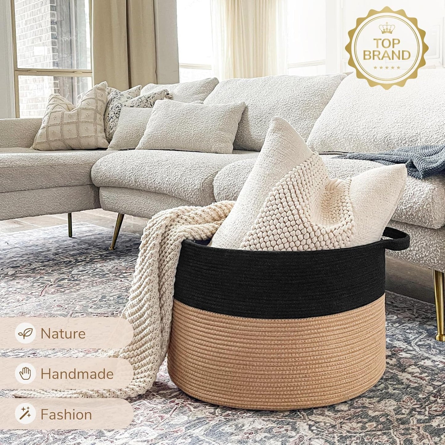 INDRESSME XXXLarge Blanket Basket for Living Room 21.7" x 21.7" x 13.8"-Storage Basket with Handle for Organizing Toy Pillows Woven Cotton Rope Laundry Basket Stuffed Animal Toy Storage for Play Room