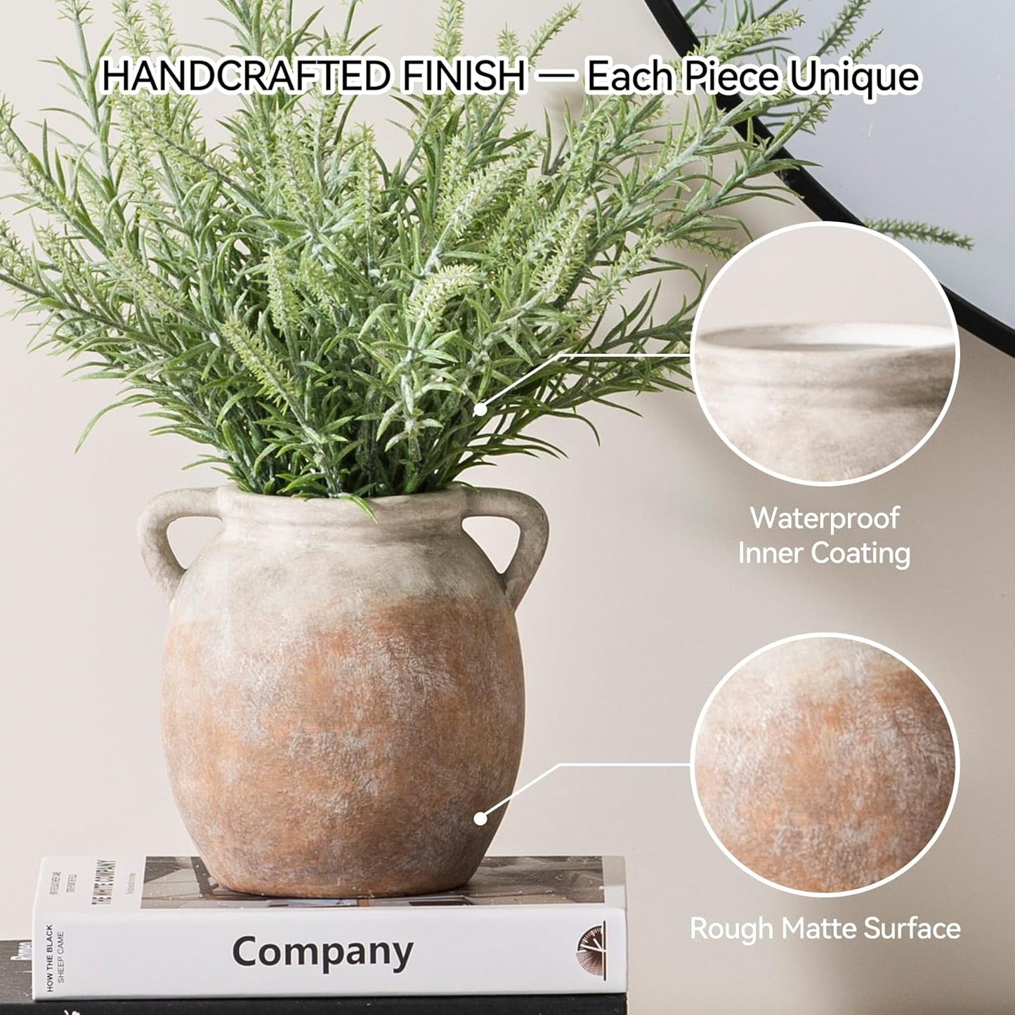 Dobbyby Ceramic Flower Vase 7.6 inch Farmhouse Rustic Vase Decorative Pottery Terracotta Vases for Home Decor Table Mantle Fireplace Living Room Bathroom Wedding Centerpiece (Whitewashed)