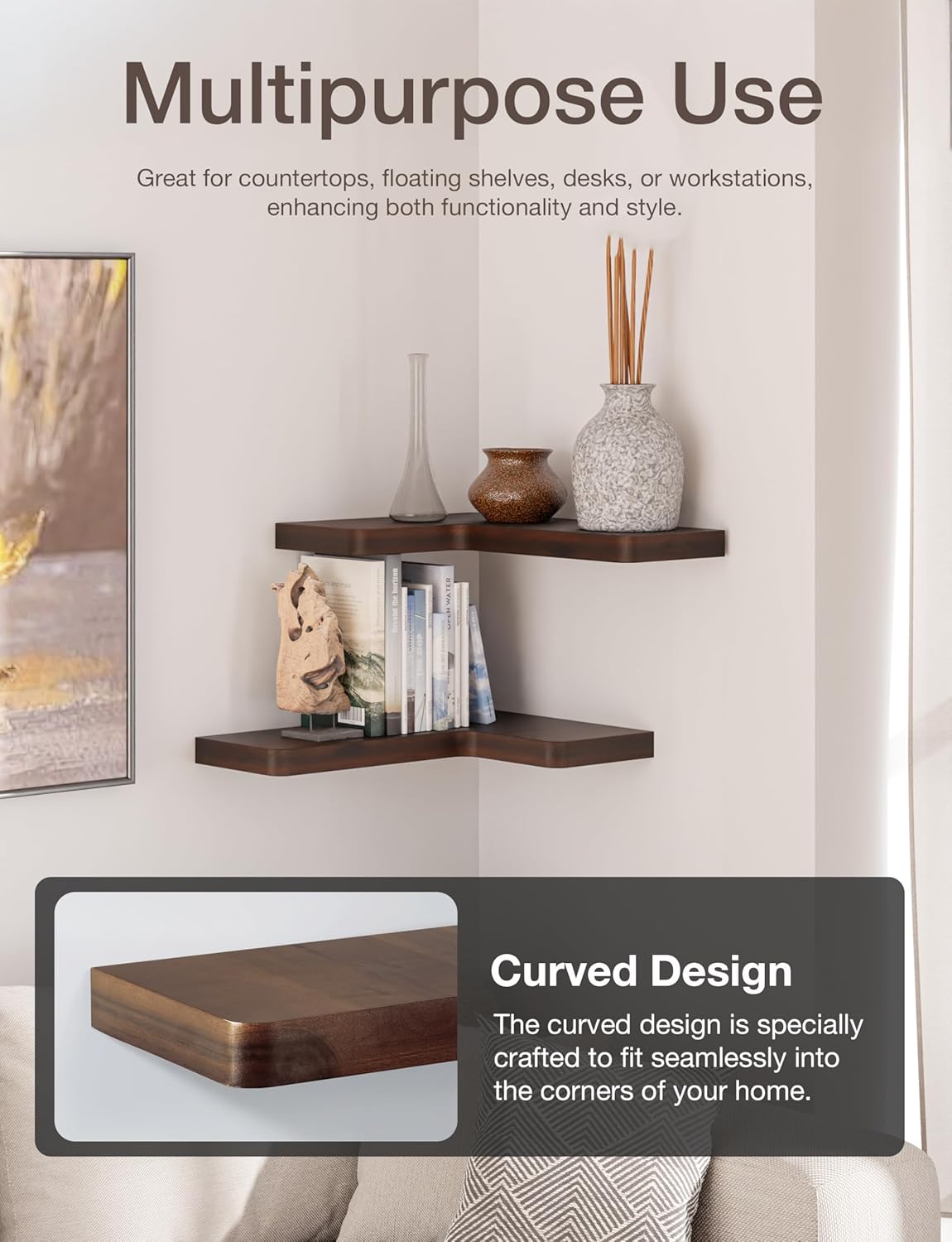 BATODA Acacia Wood Corner Floating Shelves 17" x 12"– Corner Shelf Wall Mounted - Floating Book Shelves for Wall - Brackets and Shelving Hardware Included for Kitchen, Living Room, Bathroom (Set 2)